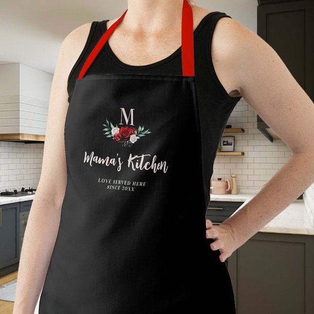 Tablier Maman Cadeau Black Roses Rouges Floral Élégant Mon (mom apron elegant personalized christmas gift monogram mamas kitchen black red roses pretty cute)