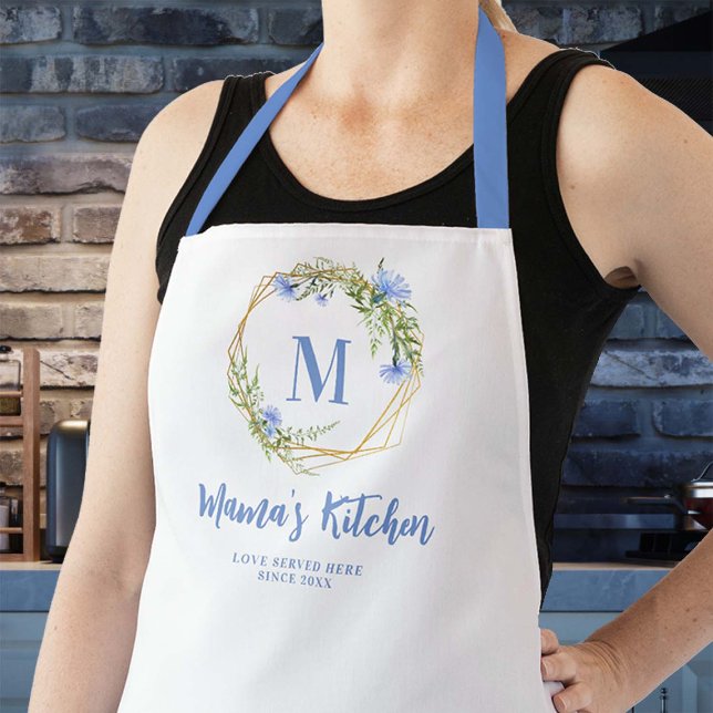 Tablier Maman Cadeau Bleu Corbeille Or Monogramme géométri (mom apron personalized christmas gift monogram blue cornflowers gold geometric flowers frame pretty)
