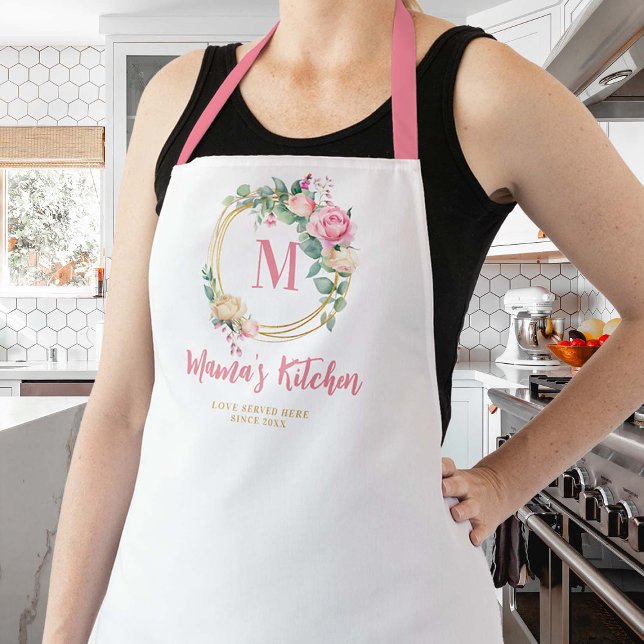 Tablier Maman Cadeau Rose Blush Rose Fleurs or Monogramme (mom apron pink blush roses floral personalized christmas gift monogram gold geometric pretty cute )