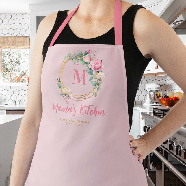 Tablier Maman Cadeau rose Blush Rose or Monogramme Floral (mom apron personalized christmas gift pink blush roses eucalyptus greenery monogram pretty cute chic)