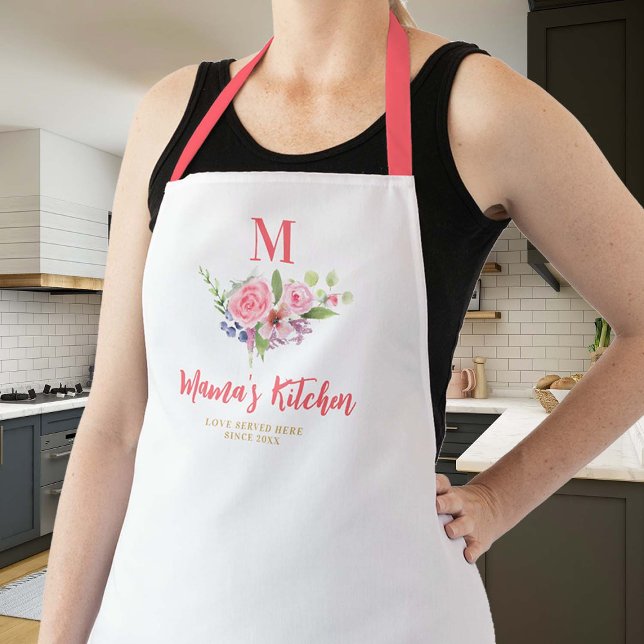 Tablier Maman Cadeau Rose Blush Whimsical Fleurs Monogramm (mom apron personalized monogram christmas gift whimsical flowers pink blush green cute pretty design)