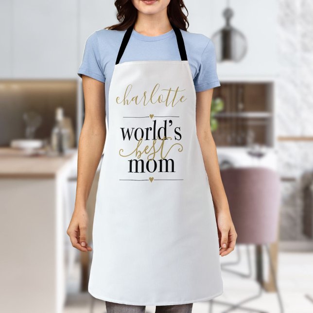 Tablier Maman du monde noir et or personnalisée la meilleu (Personalized Black and Gold Worlds Best Mom Apron)