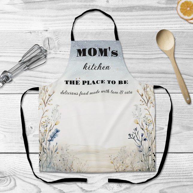 Tablier Maman Fleur sauvage simple (Apron featuring wildflowers in tan and dusty blue. Mom's birthday or Mother's Day)