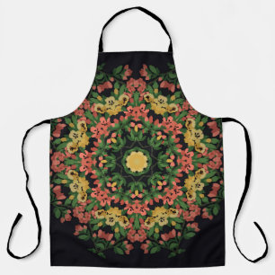 Tablier Mandala floral clair aux fleurs rouges et jaunes.