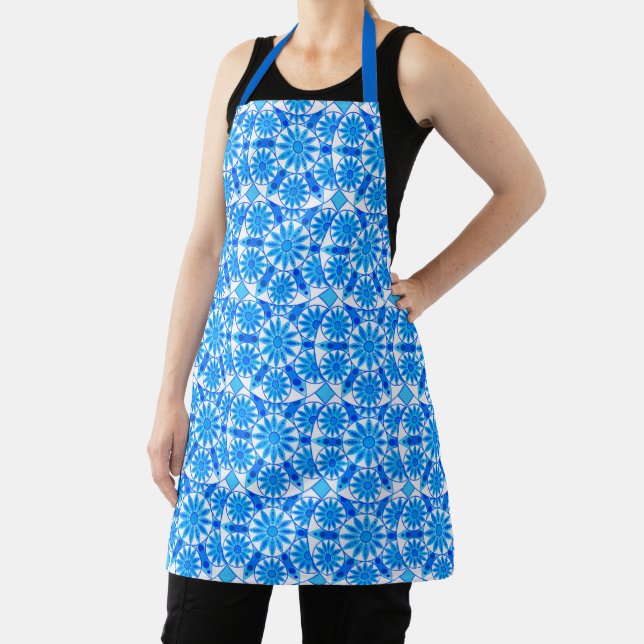 Tablier Mandala motif, bleu cobalt, turquoise et blanche (Insitu)