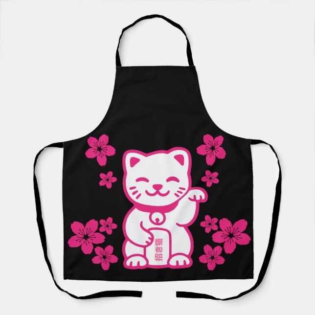 Tablier Maneki-neko japonais rose (Recto)
