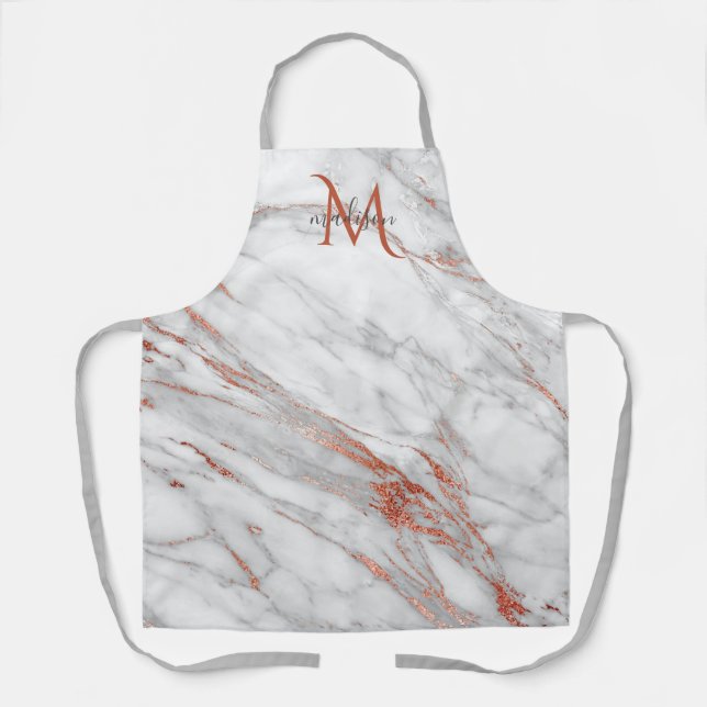 Tablier Marbre Blanc Cuivre Or Rose Élégant Monogramme (Recto)