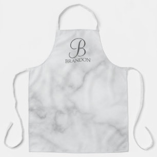 Tablier Marbre blanc de script personnalisé Monogramme et 