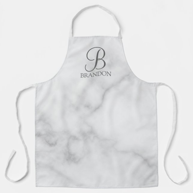 Tablier Marbre blanc de script personnalisé Monogramme et  (Recto)