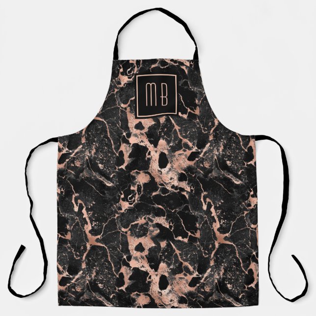 Tablier Marbre Noir Or Rose Monogramme Élégant (Recto)