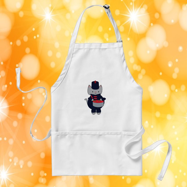 Tablier Marching Band Cat Drummer Navy Blue Red (An apron with a gray cat playing the drums in a navy blue & red marching band uniform.)