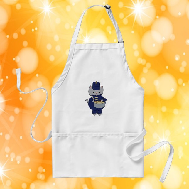 Tablier Marching Band Drummer Cat Navy Blue Gold (An apron with a snare drum playing cat in a navy blue and gold marching band uniform.)