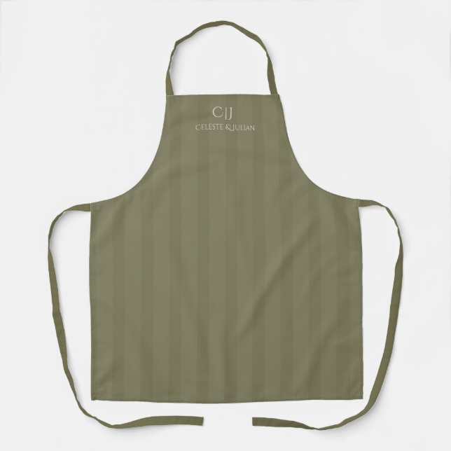 Tablier Mariage Monogramme Rayures Vert Olive (Recto)