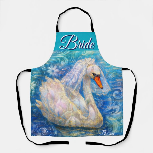 Tablier Mariée de cygne avec voile sur eau bleu blanc pers (Recto)