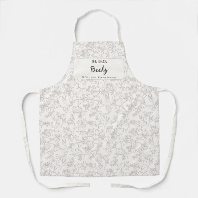 Tablier Mariée sur fond floral blanc, cortège de mariage (Recto)