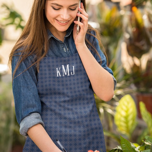 Tablier Marine Bleu classique Silver Snowflakes Élégant Pe (Customized navy blue and silver monogram apron)