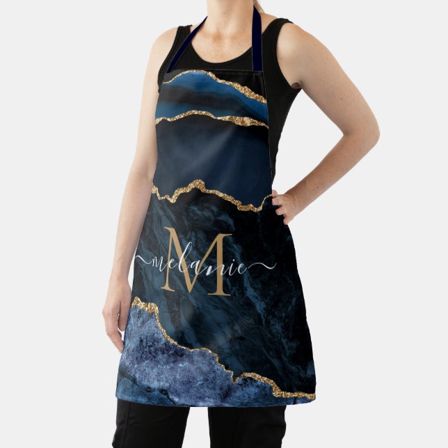 Tablier Marine Blue Gold Marble Custom Lettre Nom Apron (Insitu)