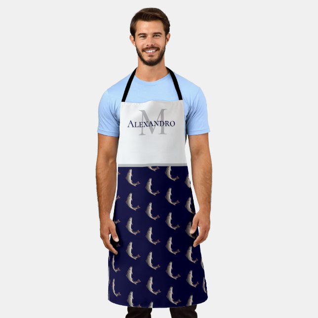 Tablier Marine Blue White Monogramme nom Trout motif Apron (Porté)