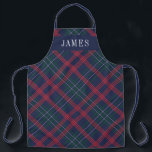 Tablier Marine Green Red Tartan Plaid Fêtes Personnalisées<br><div class="desc">Le tablier de vacances saisonnier est doté d'un classique bleu marine, vert chasseur, rouge et blanc écossais motif écossais en plaid avec un texte en monogramme serif blanc qui peut être personnalisé avec un prénom. Que vous soyez en cuisine de dîner de Noël, en train de cuisiner des biscuits de...</div>