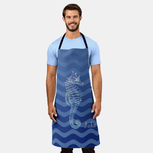 Tablier Marine Nautique Bleu Stripe Vagues Seahorse (Porté)
