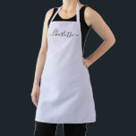Tablier Marque de nom de script personnalisé lilas lavande<br><div class="desc">Texte de nom de script moderne personnalisé lilas lavande monogramme couleur unie simple féminin élégant chic lilas lavande et noir tablier de cuisine. Personnalisez-le avec un nom, une citation, une phrase ou un texte. Idéal pour les cuisiniers, les chefs, la poterie, la céramique, l'artisanat, le travail, la cuisine, la pâtisserie,...</div>