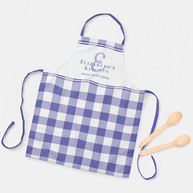 Tablier Marque-page Cuisine Pervenche à Carreaux Gingham (Periwinkle Kitchen Monogram Name Gingham Check Apron)