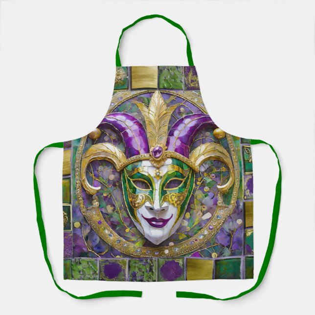 Tablier Masque Mardi Gras Jester Vert Or (Recto)