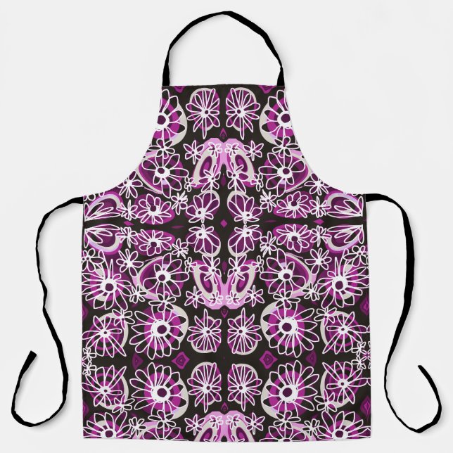Tablier Mazipoodles Love Flowers - Noir violet blanc (Recto)