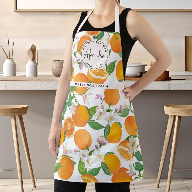 Tablier Meilleure maman Nom Orange Citrus Motif Aquarelle (Best Mom Name Orange Citrus Pattern Watercolor Apron)