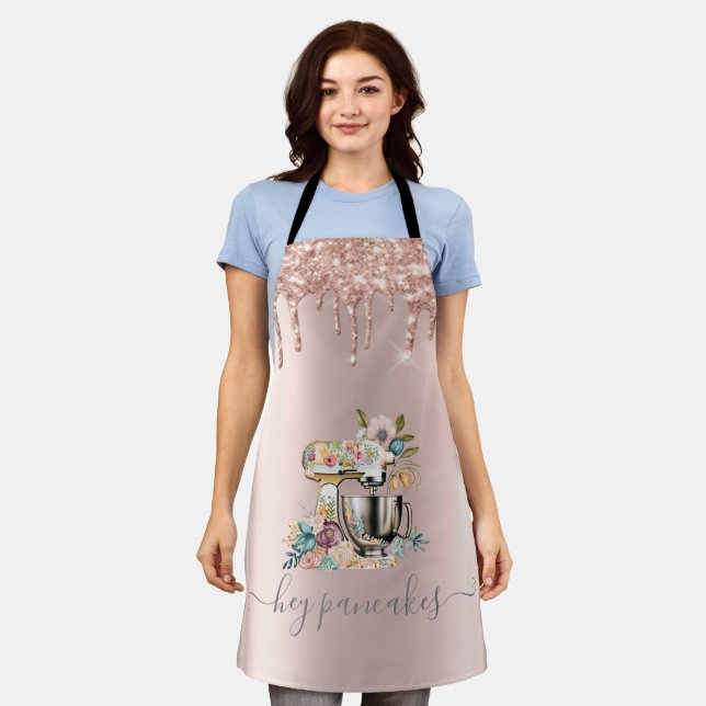 Tablier Mélangeur de gâteau floral paillettes gouttes rose (Porté)