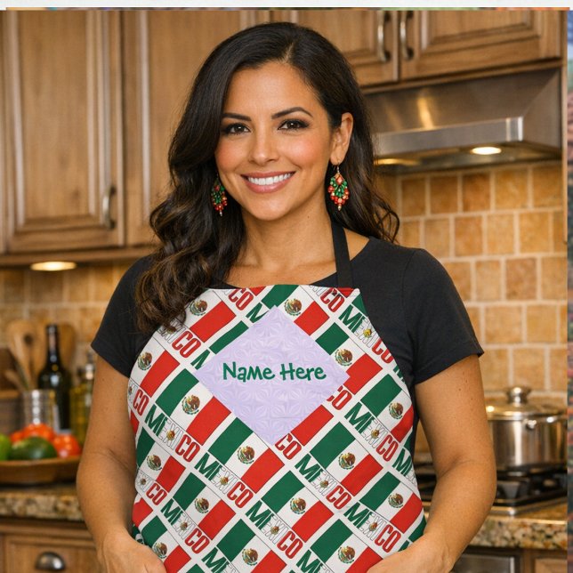 Tablier Mexique Drapeau mexicain Carrelé Vert Personnalisé (Personalized apron shows tiled Mexican Flag and MEXICO. Space for a name on the White fractal.)