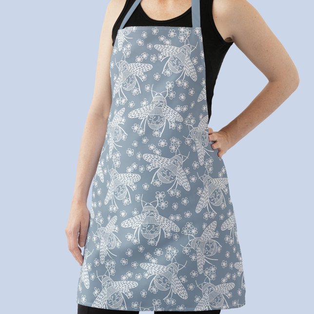 Tablier Miel Bee Bleu et Blanc (Blue and white honey bee pattern art apron)