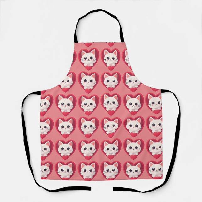 Tablier Mignon Chat Blanc avec Design Kawaii Kitty Love (Recto)