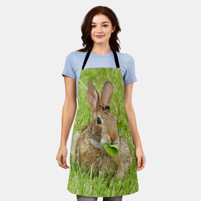Tablier Mignonne Lapin Manger Feuille Gris Vert (Porté)