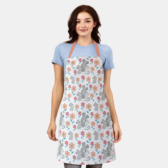 Tablier Mignonne souris mère et bébés, fleurs motif (Porté)