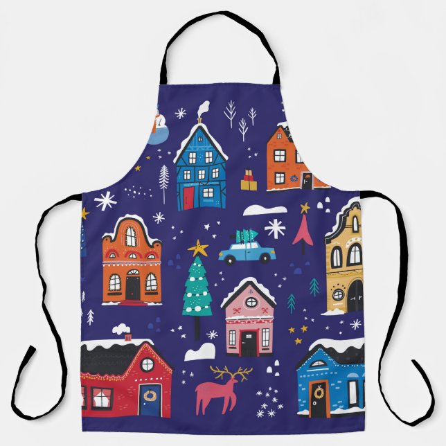 Tablier Mignonnes maisons de Noël plats illustrations vint (Recto)