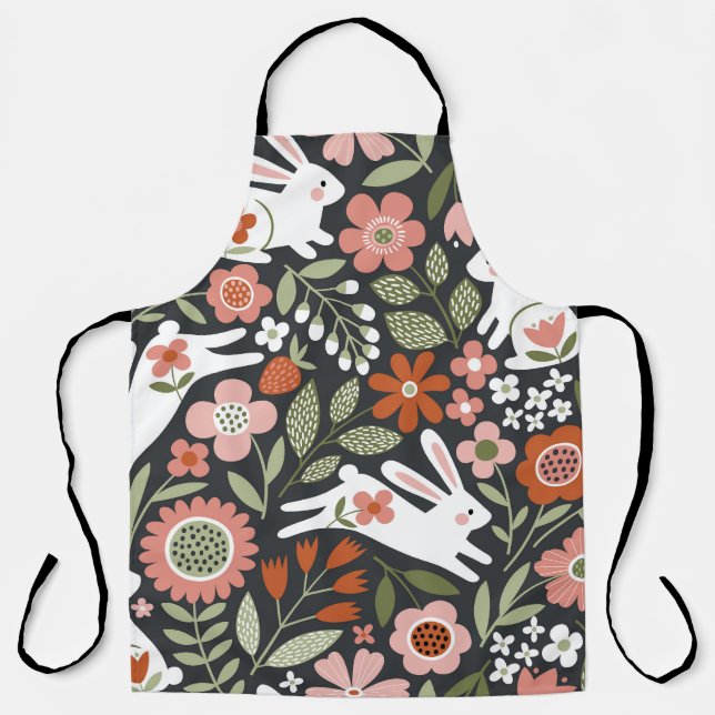 Tablier Mignons lapins blancs, motif vintage fleuri. (Recto)