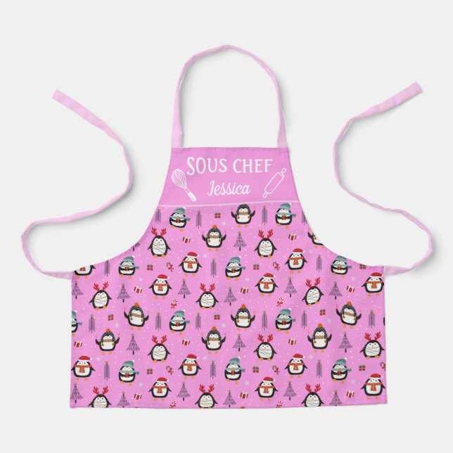 Tablier Mignons pingouins amusants sapins neige Sous-chef (Recto)