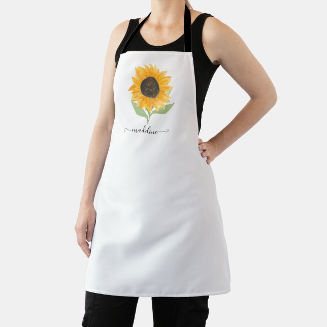 Tablier Minimal Rustic Sunflower Personalized Name Script (Insitu)