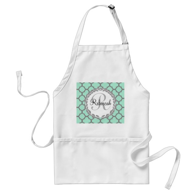 Tablier Mint Green Grey Quatrefol Nom Monogramme (Devant)