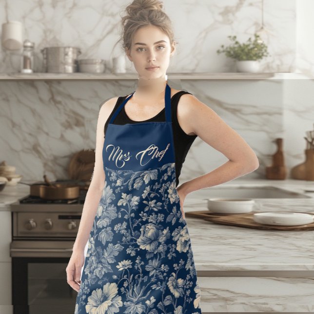 Tablier Mme Chef Typographie Indigo Toile Florale Français (Mrs Chef Typography Indigo French Toile Floral Apron)