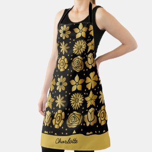 Tablier Modèle floral doré doodle rose nom personnalisé