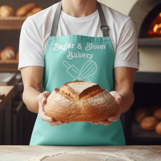 Tablier Modern Custom Bakery Aqua Blue Name Chef / Staff (Créateur téléchargé)