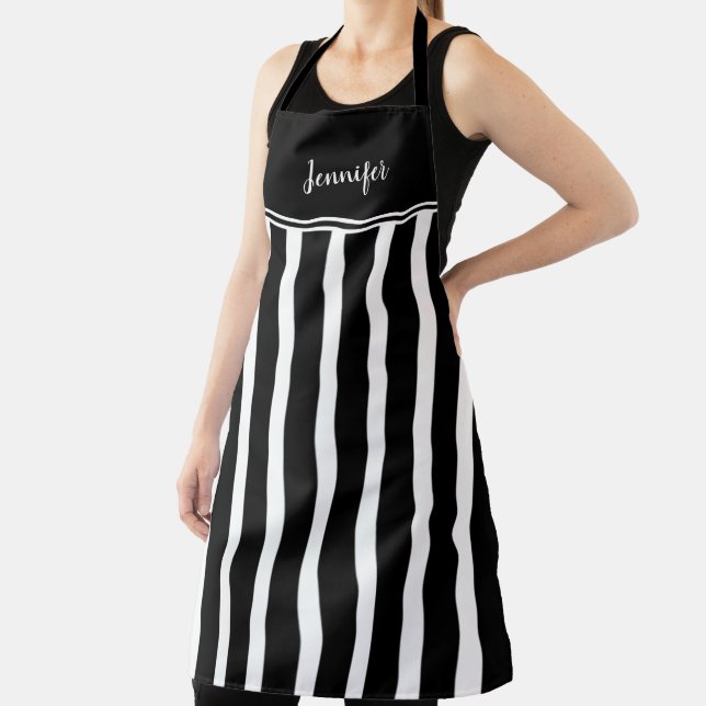 Tablier Modern trendy black white stripes monogram name (Insitu)