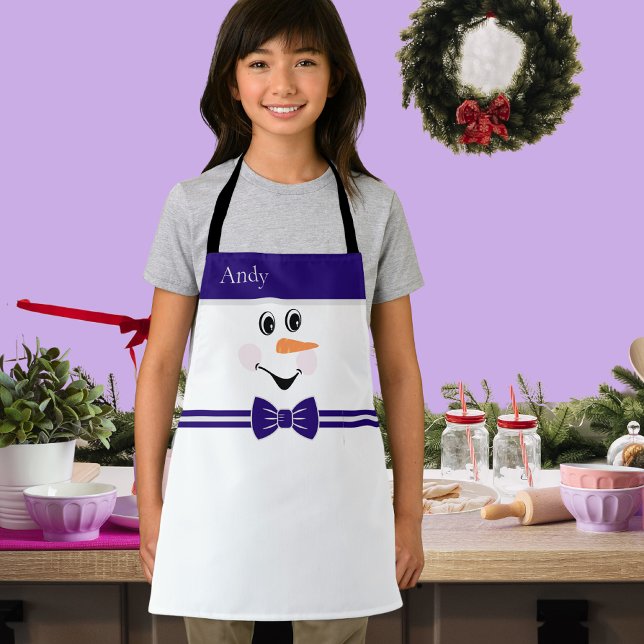 Tablier Moderne Cute Custom Snowman Face Bleu Bowtie Apron (Créateur téléchargé)