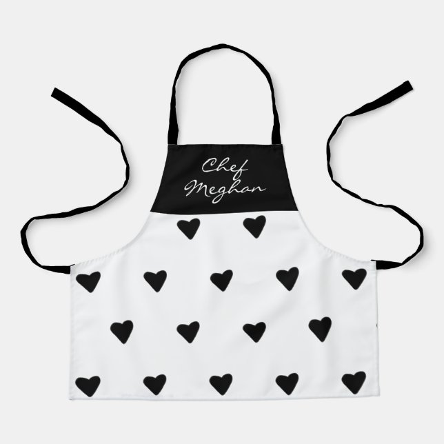 Tablier Moderne Cute Simple Coeurs Filles Noir & Blanc Enf (Recto)