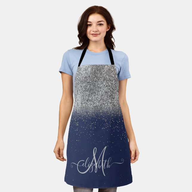 Tablier Moderne Glitter Ombre Argent Monogramme Bleu Nuit (Porté)