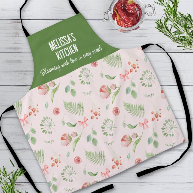 Tablier Moderne Motif Floral Rose Vert Charmeur (Créateur téléchargé)