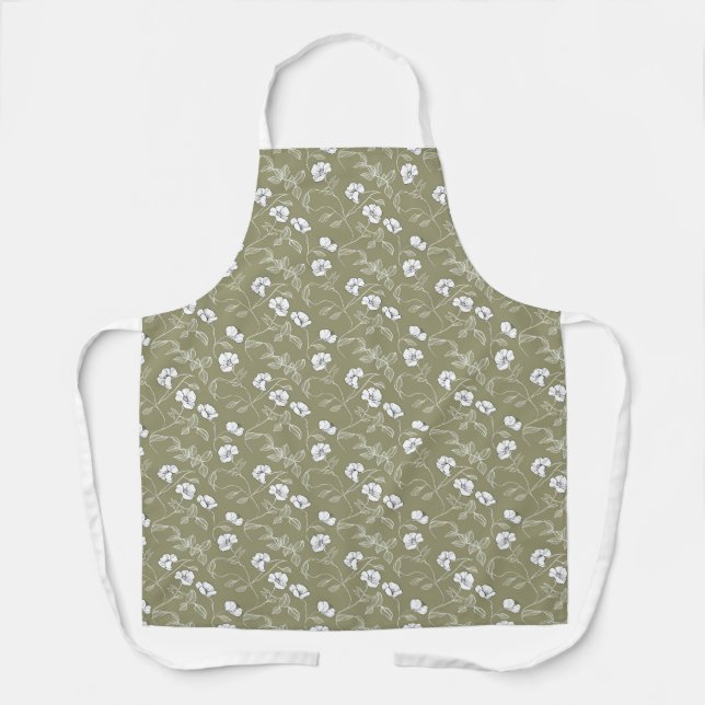 Tablier Moderne Nature Verte Fleurs Blanches Motif Floral (Recto)