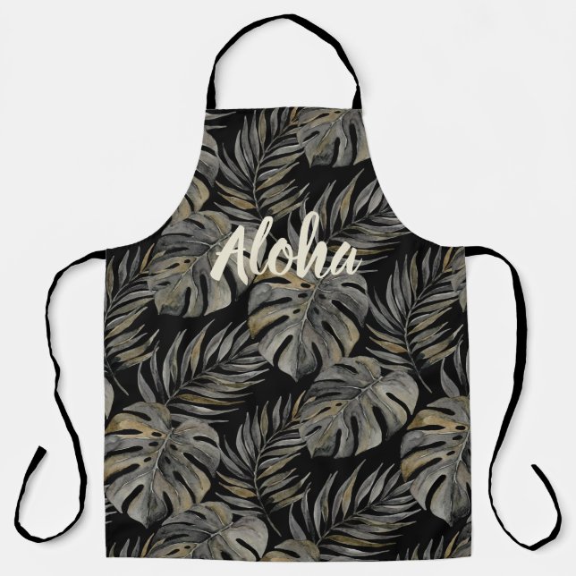 Tablier Moku Island Aquarelle Hawaïenne Monstera - Noir (Recto)